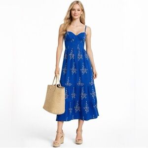 ♨️Betsey Johnson Floral Sweetheart-Bustier Embroidered Tiered Midi Dress Blue~2🧡